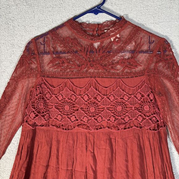Sundance Mini Dress Womens Size 2 Rust Red Long Sleeve Lace Paneled Crochet Boho - Picture 2 of 14